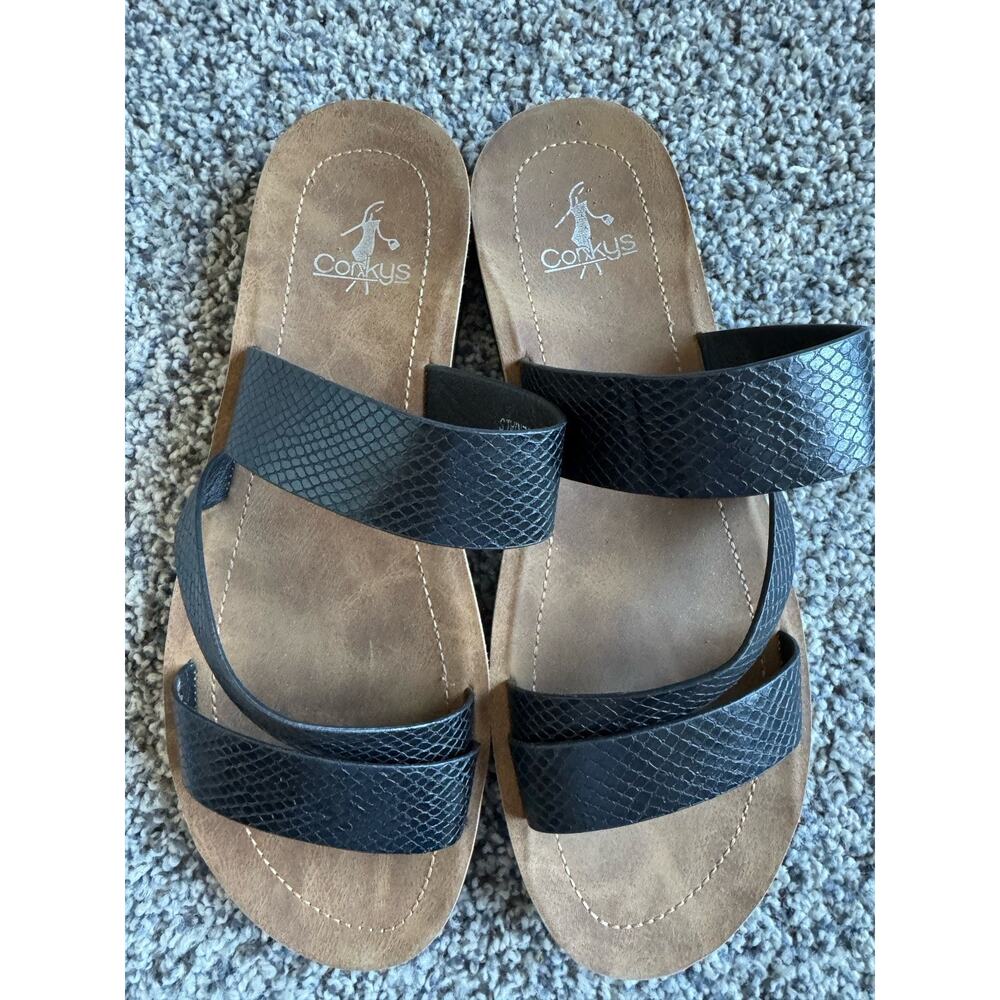 Corkys Women’s Lydia Asymmetrical‎ Sandals Black Snake Embossed Platform Size 10